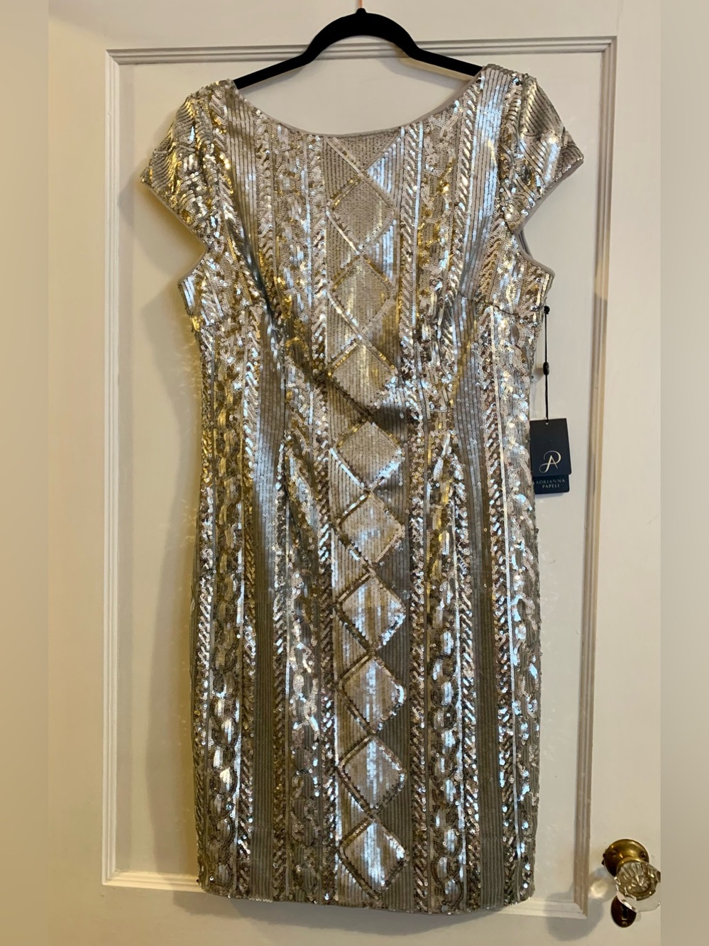 Adriana Papell US Size 12 Silver Sequin Dress with Cap Sleeves NWT ✨🪩